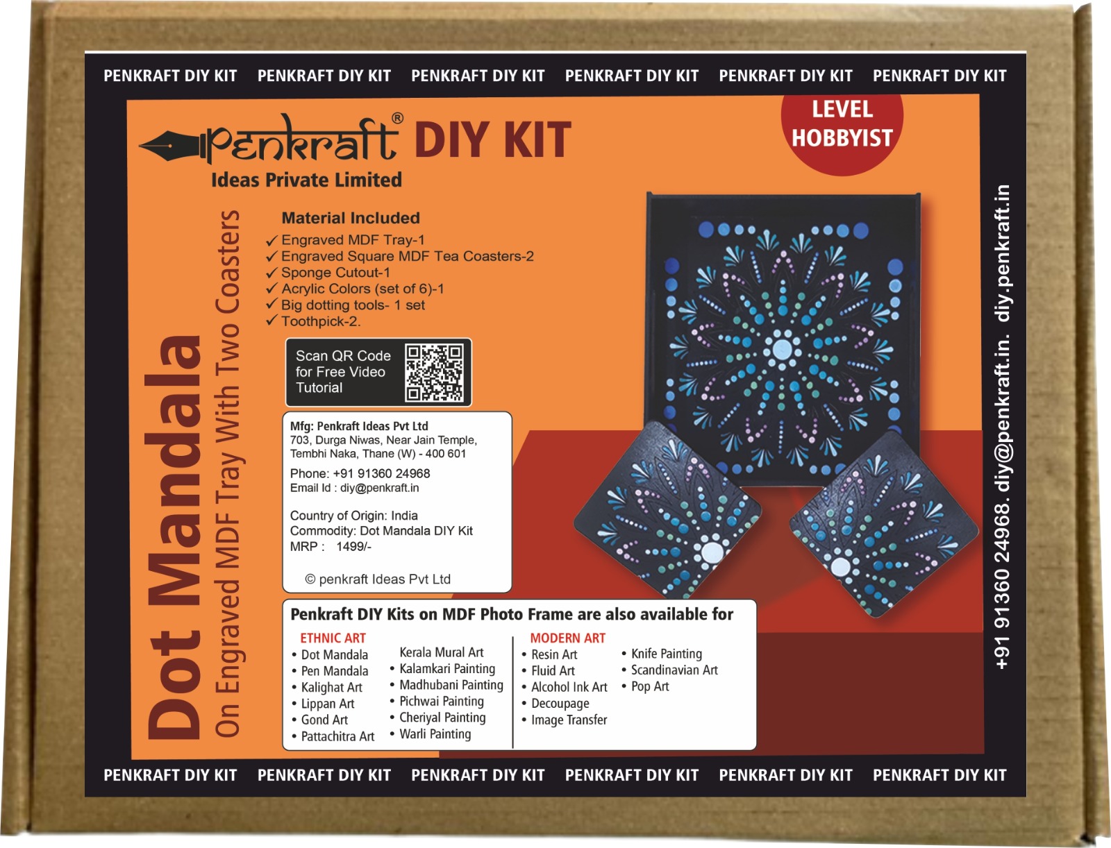 Penkraft Dot Mandala on Engraved MDF Tray with Tea Coasters Hobbyist level DIY Kit with Free video tutorial